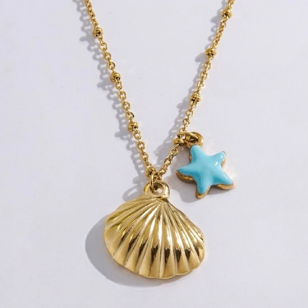 Gold Shell and Turquoise Starfish Pendant Necklace Stainless Steel